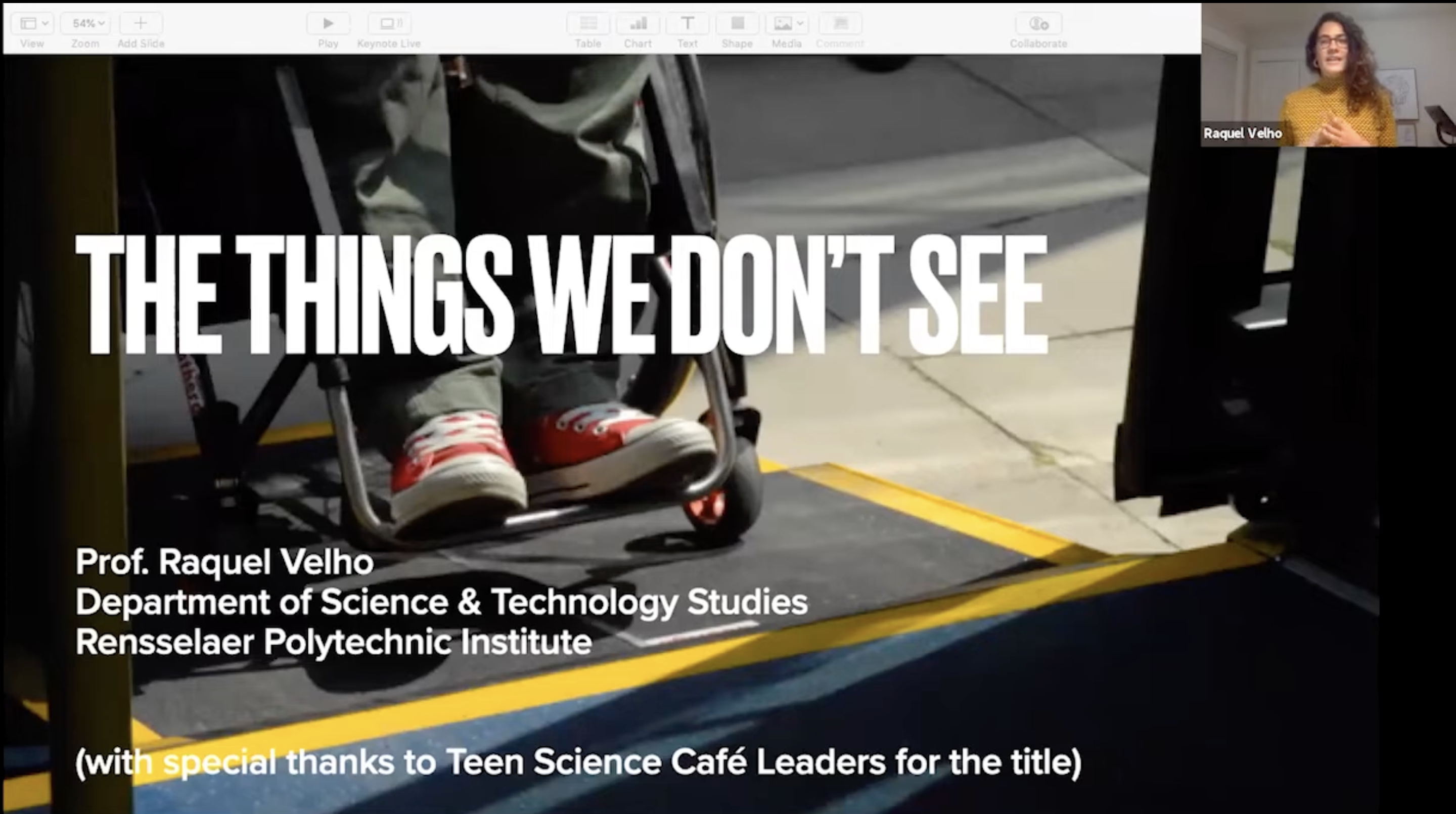 Raquel Velho presenting "The Things We Don't See" via video call, title slide showing a wheelchair user boarding a bus.